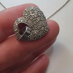 Vintage Sterling Silver Heart Pendant Necklace with Pave Crystals and Open Ring